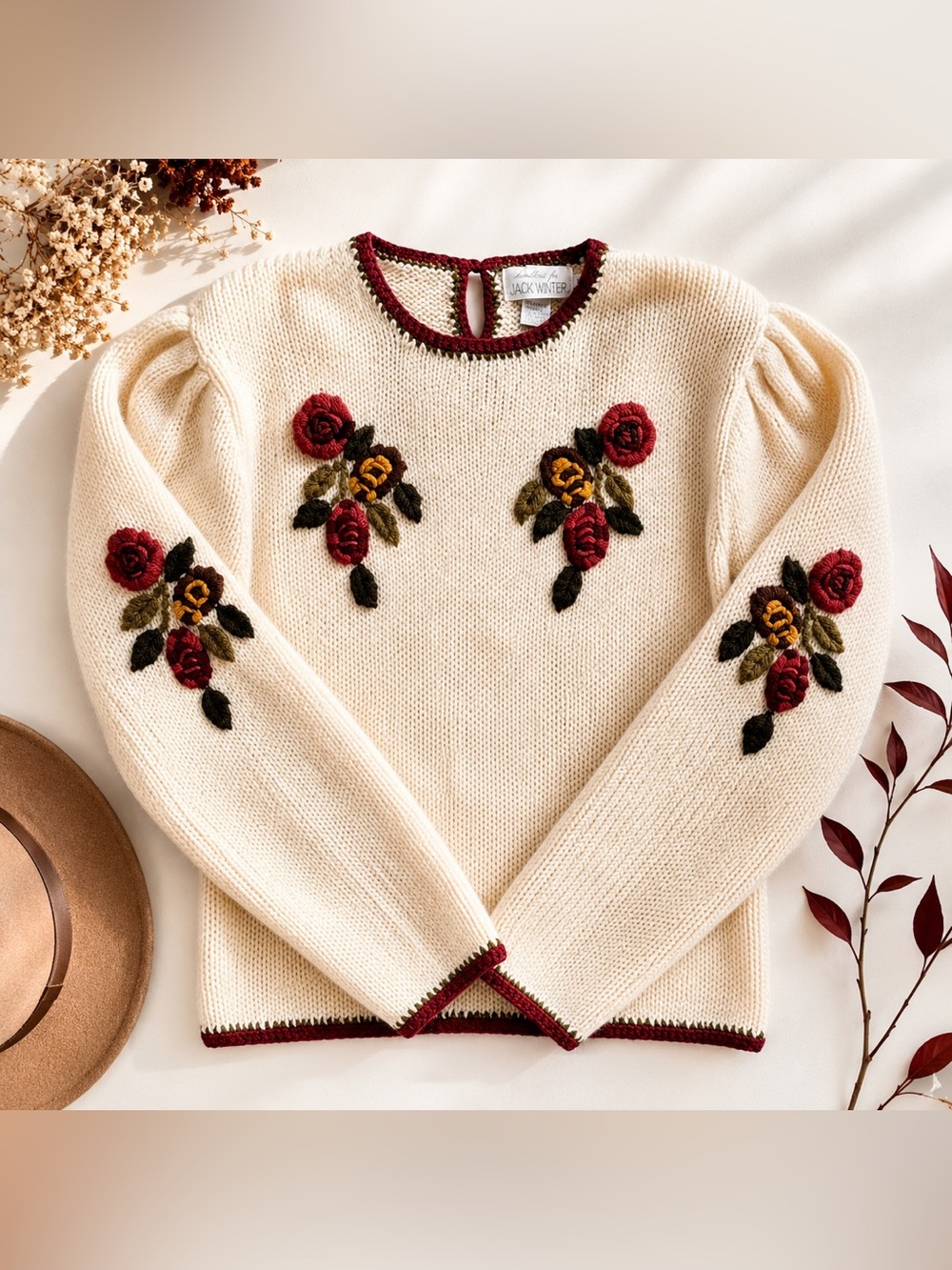 Jack Winter Vintage 3D Floral Puff Sleeve Sweater Large Cottagecore Boho Granny